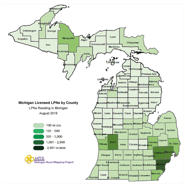 Michigan LPNs by county map